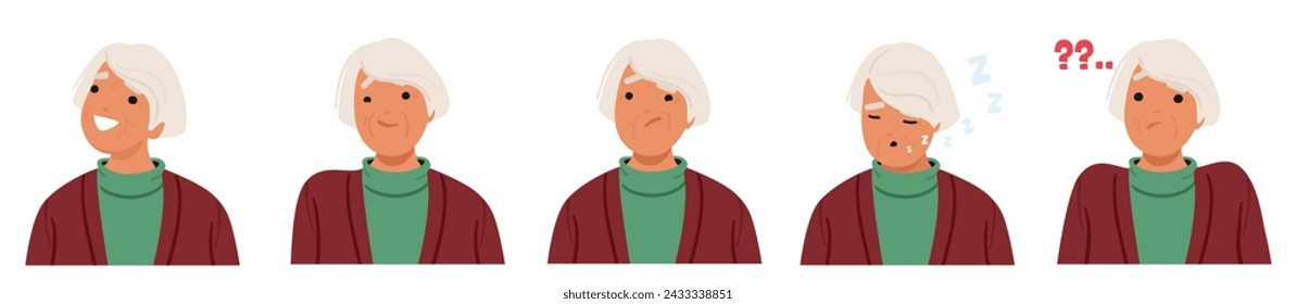 El Rostro De La Vieja Mujer Muestra Un Rico Tapiz De Emociones. El Personaje Femenino Mayor Arrugado Siente Alegría, Sabiduría Serena, Indicio De Tristeza Nostálgica, Fatiga Y Confusión. Ilustración vectorial de personas de dibujos animados