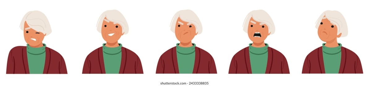 Old Woman Facial Emotions Set Captures A Rich Tapestry Of Experiences. Joy Twinkles In Her Eyes, Sorrow Etches Deep Lines, Wisdom, Serene Smile, Anger and Dissatisfaction. Cartoon Vector Illustration