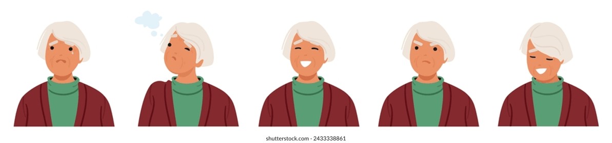 Old Woman Facial Emotions Set Ranging From Joy, Serenity, Skepticism And Nostalgia Sorrow To Sadness, Worry, And Resilience, Wrinkled Female Character Feelings. Cartoon People Vector Illustration