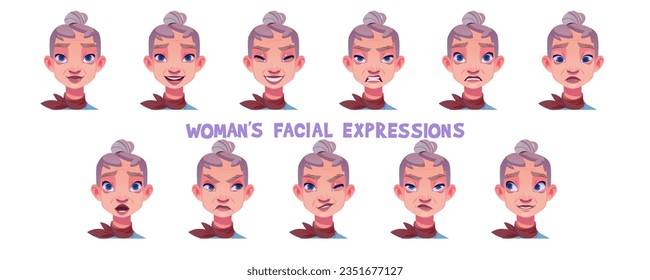 Old woman facial expression cartoon vector set - senior lady face with different emotions. Grandmother avatar with neutral appearance, laughing and angry, embarrassed and surprised, winking eye