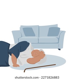 Old woman is faint and falling accident in living room. Elderly grandma dropping from sofa (settee,also couch) on white background. Vector isolate flat cartoon characters design concept for Healthcare
