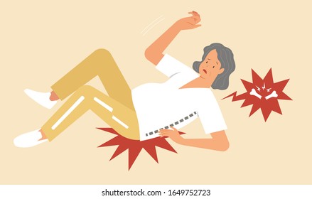 Old Woman Falling Accident With Broken Bone Cartoon Character 