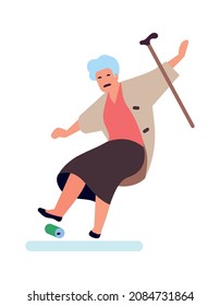 Old Woman Falling Down. Senior Stumble Over Trash And Loosing Balance