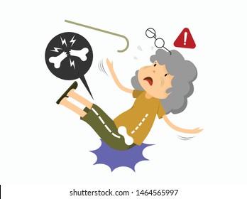 Old Woman Falling Down From Staircase And Got Bone Fracture Cartoon Character . Vector Illustration