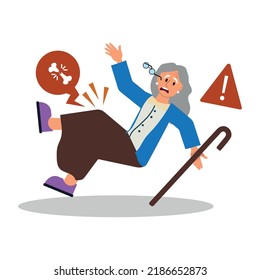 old woman falling and has bone fracture flat cartoon character.