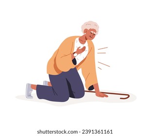 Old woman falls down, falling with heart attack, pain. Senior elderly lady with cardiac seizure, stroke, disease. Aged lady, accident, emergency. Flat vector illustration isolated on white background