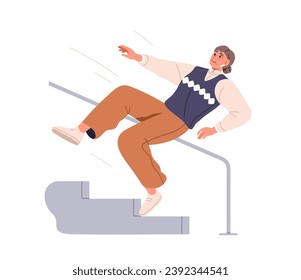 Old woman falls down stairs. Senior lady stumbling, slipping and falling at staircase, steps. Danger, accident at stairway, injury, trauma. Flat vector illustration isolated on white background