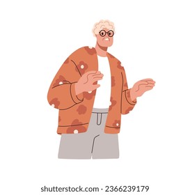 Old woman, fear and fright emotion. Shocked afraid senior elderly person. Scared anxious frightened stunned character looks at something. Flat graphic vector illustration isolated on white background