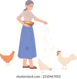 Old woman feed chicken. Farm poultry illustration isolated on white background