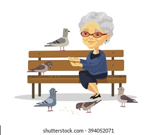 Old Woman Feeding Birds. Vector Flat Illustration