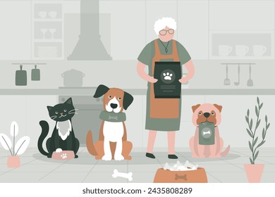 Anciana alimentando a perros y gatos en la cocina. Señora mayor que pasa tiempo libre con las mascotas lindas. Abuela solitaria que se divierte con las mascotas caseras. Dando Comida. Interior de la habitación. Ilustración vectorial de dibujos animados 