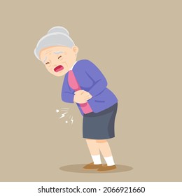 Old Woman Feel Stomach Abdominal Pain. Unhappy Suffering Senior Character Holding His Hands On His Belly