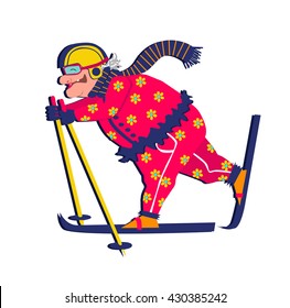 Old Woman In Flowered Pants Skiing