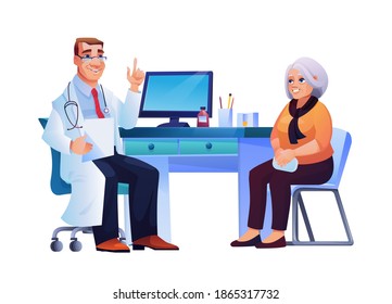 Old woman and general practitioner sitting at chairs near doctors table isolated. Vector therapist in white coat, stethoscope on neck, consulting female pensioner to prevent avoid coronavirus illness