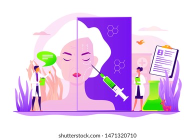 Old Woman Getting Facial Plastic Correction. Skin Anti Aging, Beauty Treatment. Face Lifting, Rhytidectomy Procedure, Facelift Surgery Concept. Vector Isolated Concept Creative Illustration