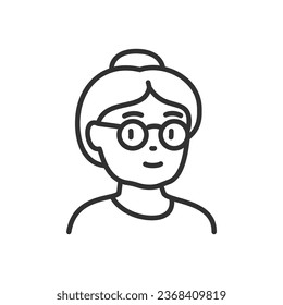 Vieja con gafas, icono lineal, abuela. Avatar. Línea con trazo editable