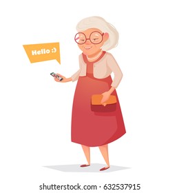 Old woman with glasses with phone. Woman in cartoon style. Bubble for text. Vector illustration.