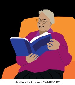  Old woman in glasses placed his hands on an open book. Isolated on white vector illustration