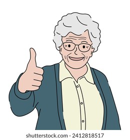 Old woman with glasses showing thumb up or like sign. Hand drawn vector illustration