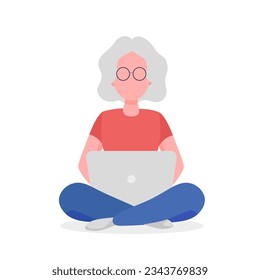 An old woman with glasses sitting and working on the computer. Vector illustration in flat style. Isolated on white background.