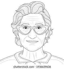 Vieja con gafas. Colorante libro antiestrés para niños y adultos. Ilustración aislada sobre fondo blanco. Estilo zenano-margino. Dibujo manual