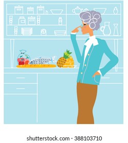 Old woman going to cook fish dinner in the kitchen. health care concept. Vector