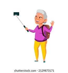 Old Woman Grandma Making Selfie On Phone Vector. Asian Grandmother Tourist Traveling And Make Photo On Mobile Phone Camera. Character Photographing On Smartphone Flat Cartoon Illustration