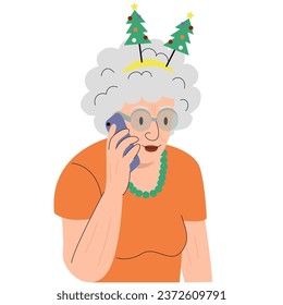 An old woman, a grandmother calls her grandchildren to congratulate them on Christmas