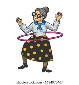 Old Woman Grandmother With Hula Hoop Sketch Engraving Vector Illustration. T-shirt Apparel Print Design. Scratch Board Imitation. Black And White Hand Drawn Image.