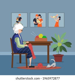 Old woman grandmother knits in a room with a white cat near a table over which family photos are displayed. Vector flat illustration.