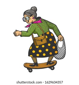 Old woman grandmother rides on skateboard sketch engraving vector illustration. T-shirt apparel print design. Scratch board imitation. Black and white hand drawn image.