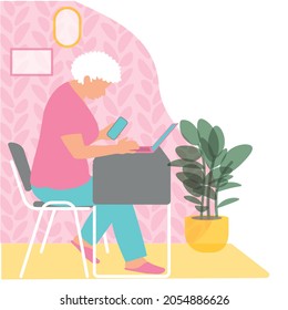 Old woman grandmother works while sitting at the table, with a laptop and a phone. Home office, part-time job. Communication, ordering goods online. Vector illustration. EPS10