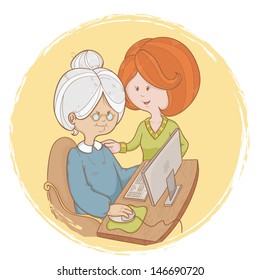 Old woman granny learns the computer use with help of young girl
