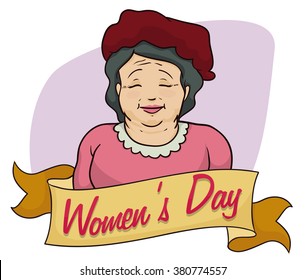 Old woman with gray hair and a beret, behind a commemorative ribbon for Women's Day.