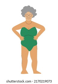 Old Woman With Green Swimwear And Glasses.