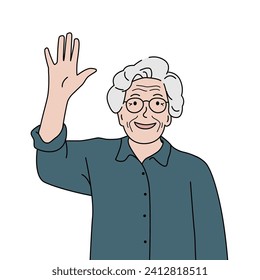 Old woman with greeting gesture, saying hello, hi, or bye. Hand drawn vector illustration