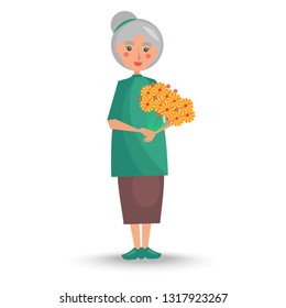 Old woman with grey hair in green tunic and long skirt stand and holds big bouquet of yellow flowers vector illustration.
