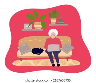Old woman with grey hair using laptop on sofa at home. Cute granny surfing internet in home interior vector flat illustration
