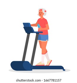 Old woman in the gym. Senior training on treadmill. Fitness program for elderly people. Healthy lifestyle concept. Isolated vector illustration in cartoon style