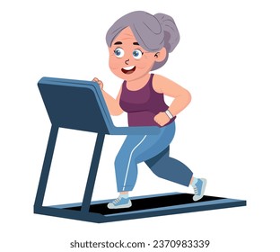 Old woman in the gym. Senior training on treadmill. Fitness program for elderly people. Healthy lifestyle concept. Isolated vector illustration in cartoon style.