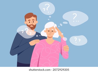 Old woman has dementia. Social worker helps grandmother with memory problems. Graphic elements for medical website, page decoration. Doctor, specialist, support. Cartoon flat vector illustration