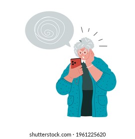 Old woman has a problem with mobile phone, technology. Grandmother uses gadget.Vector illustration concept. Grandma has problems with her cell phone.