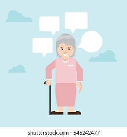 Old woman having a conversation. Senior woman talking with bubble. Senior citizen. Info-graphic inspire to drive your business project. Vector illustration. 