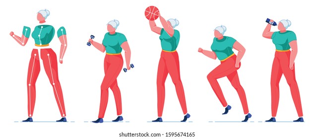 Old Woman Having Healthy Lifestyle Flat Cartoon Vector Illustration. Senior Character Doing Activities such as Exercising with Dumbbells, Playing Basketball, Running, Drinking Water from Bottle.