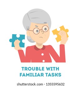 Old woman having trouble with familiar task. Alzheimer disease symptom. Confused person with a difficult problem. Adult in stress. Isolated vector illustration in cartoon style