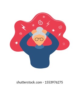 Old woman with headache. Flat modern trendy style. Vector illustration character icon. Isolated on white background. Lady having migraine. Stress, worry, vertigo, alzheimer concept.