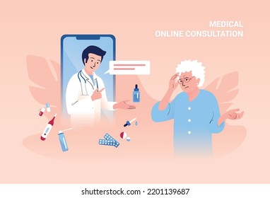 Old woman with headache having online consultation with her doctor. Telemedicine, family doctor and healthcare concept. Vector illustration