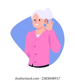 Old woman with hearing aid, vector illustration isolated on white background. Female character of gray-haired elderly lady with hearing problems. Simple picture drawing in cartoon flat style.