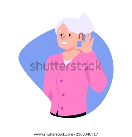 Old woman with hearing aid, vector illustration isolated on white background. Female character of gray-haired elderly lady with hearing problems. Simple picture drawing in cartoon flat style.