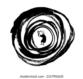 Old woman with her hands on head suffering desperate in the middle of a vortex. Conceptual illustration, feelings. Ink brush hand drawn sketch black and white style vector illustration.